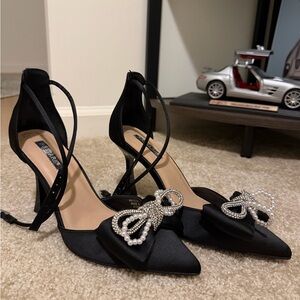 Primark Black Satin Heels with Pearl Bow